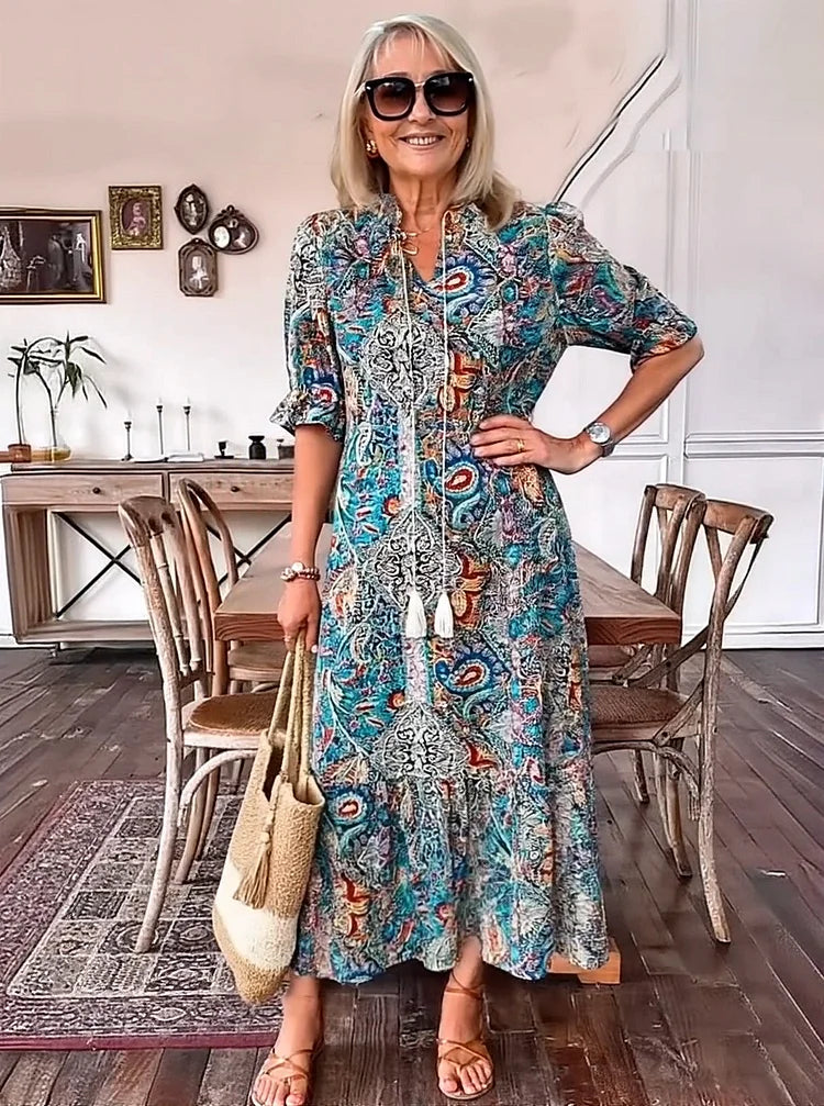 Carolette | Boho Drawstring Neck Maxi Dress