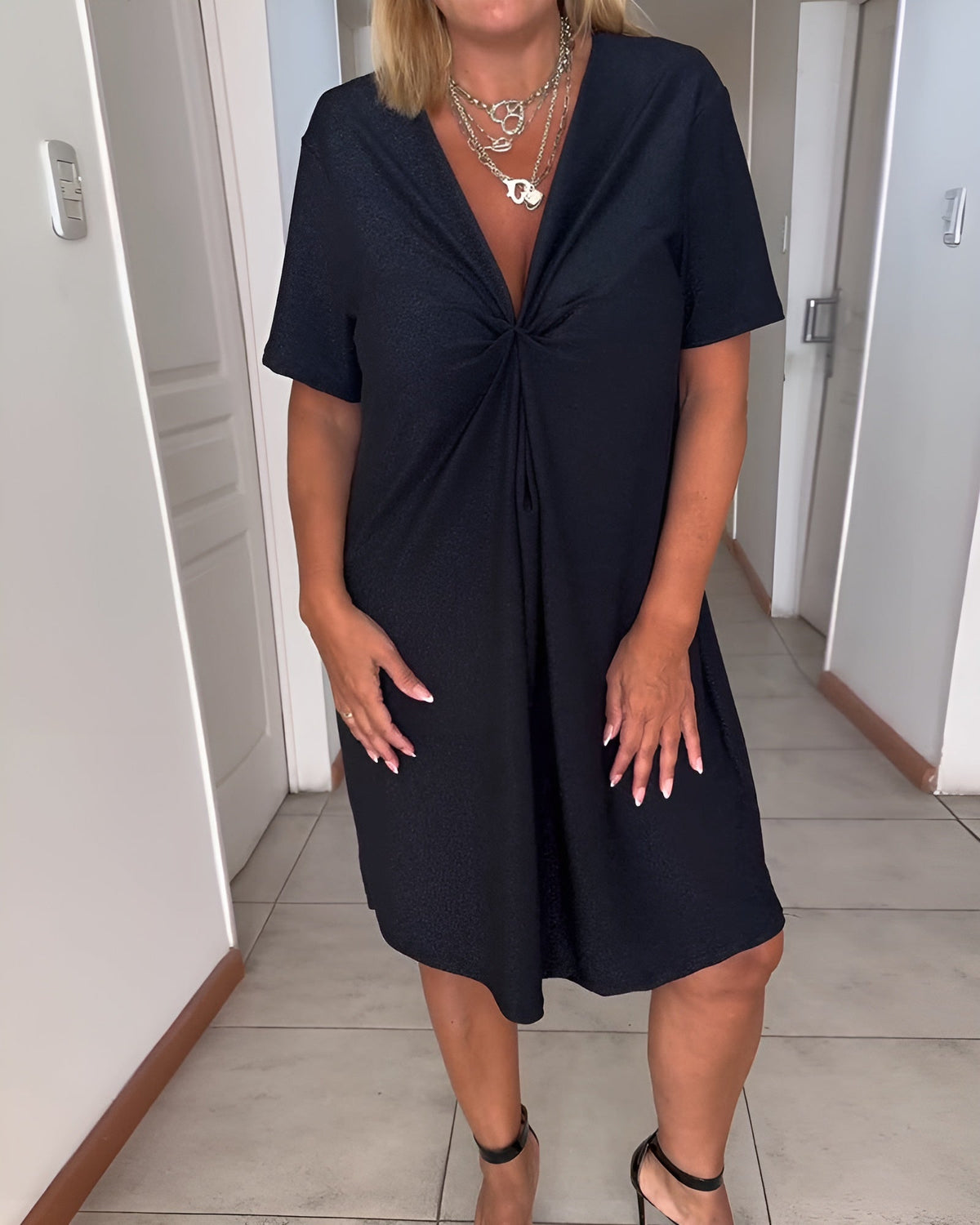 Laurence | Elegant Gathered Dress With V-Neck