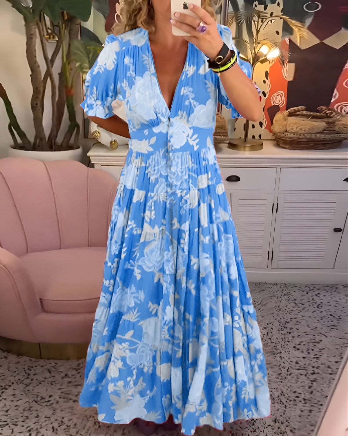 Carine | Floral Print V-Neck Pocket Dress