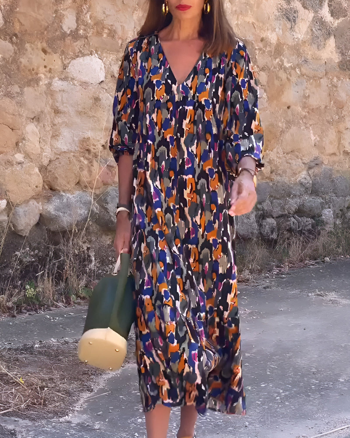 Nathalie | Vintage Print V-Neck Dress