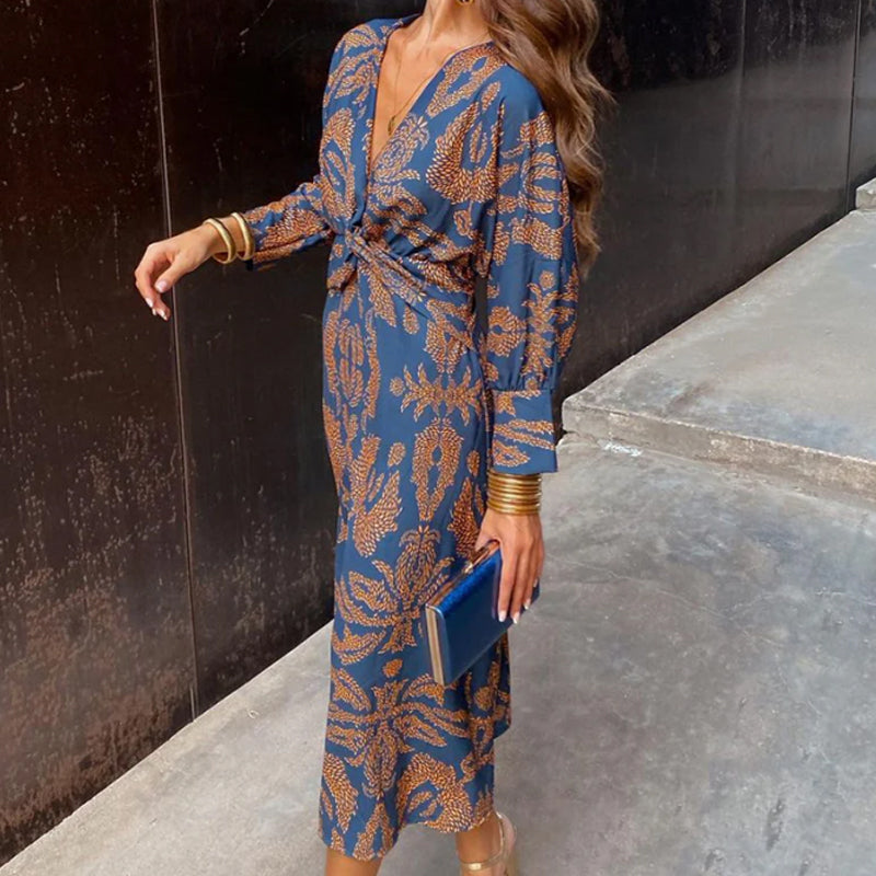 Willa | Vintage Printed V-Neck Long Dress