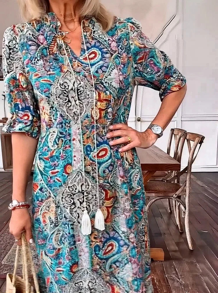 Carolette | Boho Drawstring Neck Maxi Dress