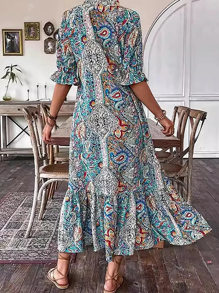 Carolette | Boho Drawstring Neck Maxi Dress